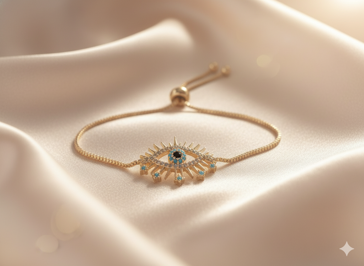 “Golden Eye” Tek Göz Mavi Taşlı Zirkon Altın Kaplama Kadın Bileklik Habos Store