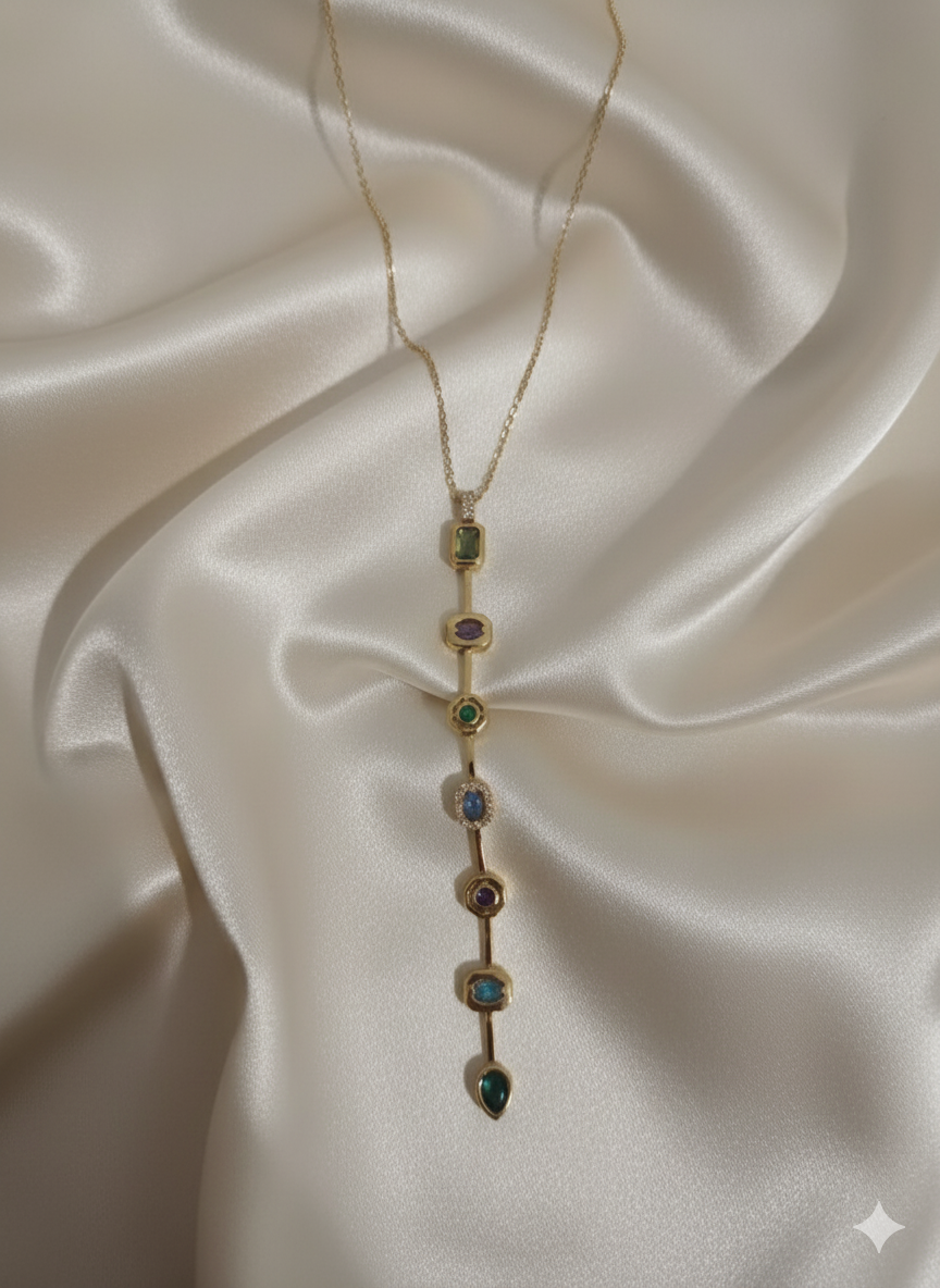 “Golden Rainbow” Alt Alta Renkli Taşlı Altın Renkli Paslanmaz Çelik Kolye Habos Store