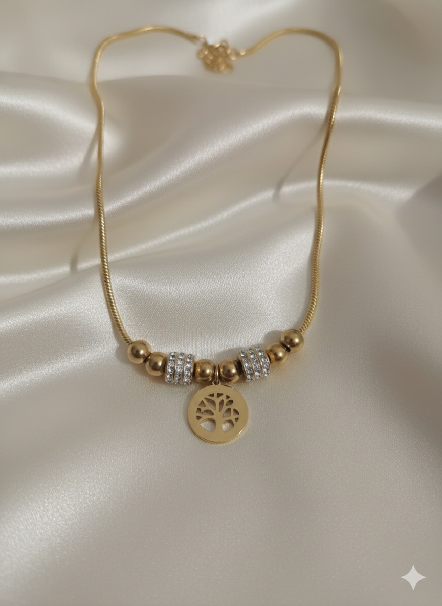 “Golden Tree” Ağac Desenli ve Boncuk Detaylı Paslanmaz Çelik Kolye Habos Store