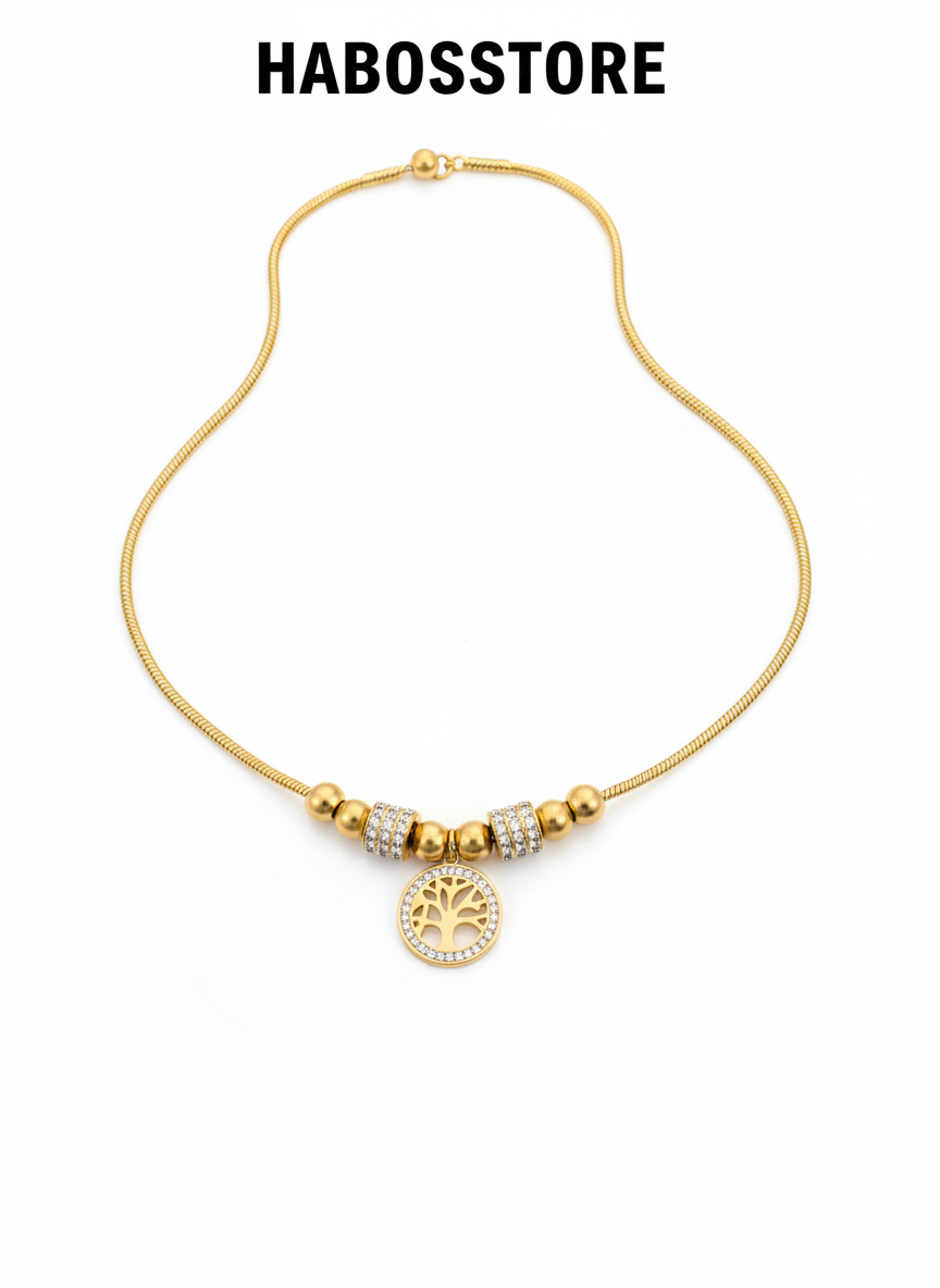 “Golden Tree” Ağac Desenli ve Boncuk Detaylı Paslanmaz Çelik Kolye Habos Store