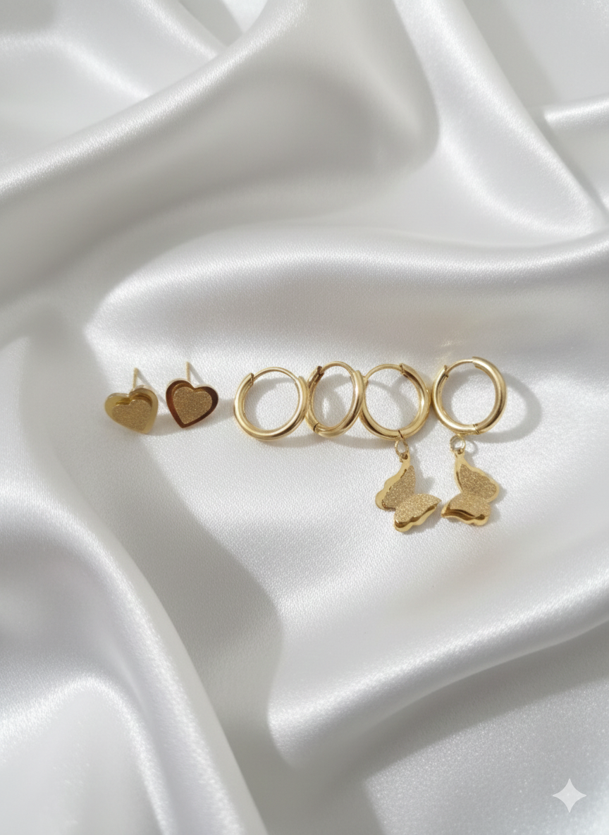 “Golden Trio” Altın Renkli 3 Çift Kadın Küpe Seti Habos Store