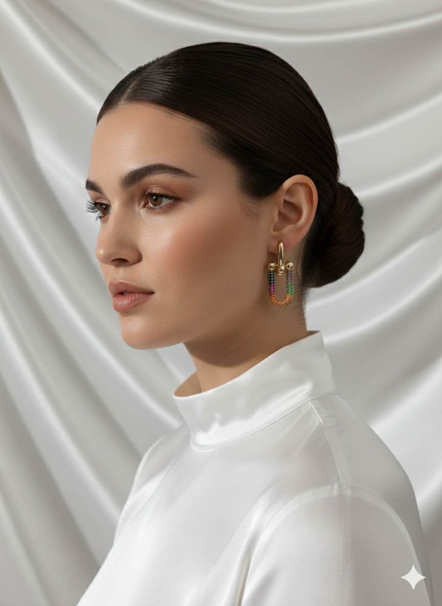 “Golden Rainbow” Renkli Taşlı Altın Kaplama Kadın Küpe Habos Store