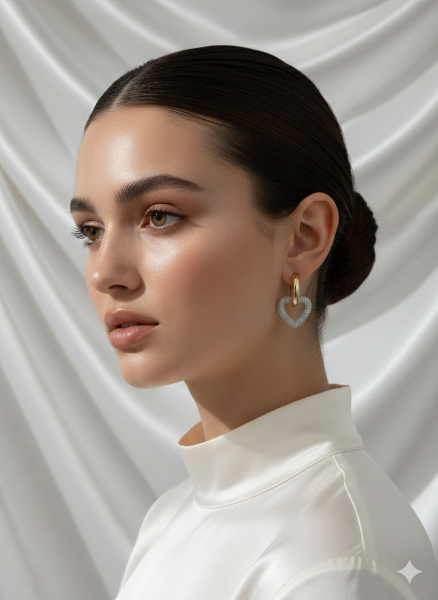 “Golden Heart” Kalpli Taşlı Altın Kaplama Kadın Küpe Habos Store