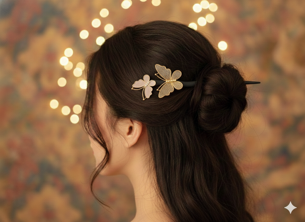 “ButterflyWood Elegance Hairpin” Tahta Saplı Kelebek Model Çin Tokası Habos Store