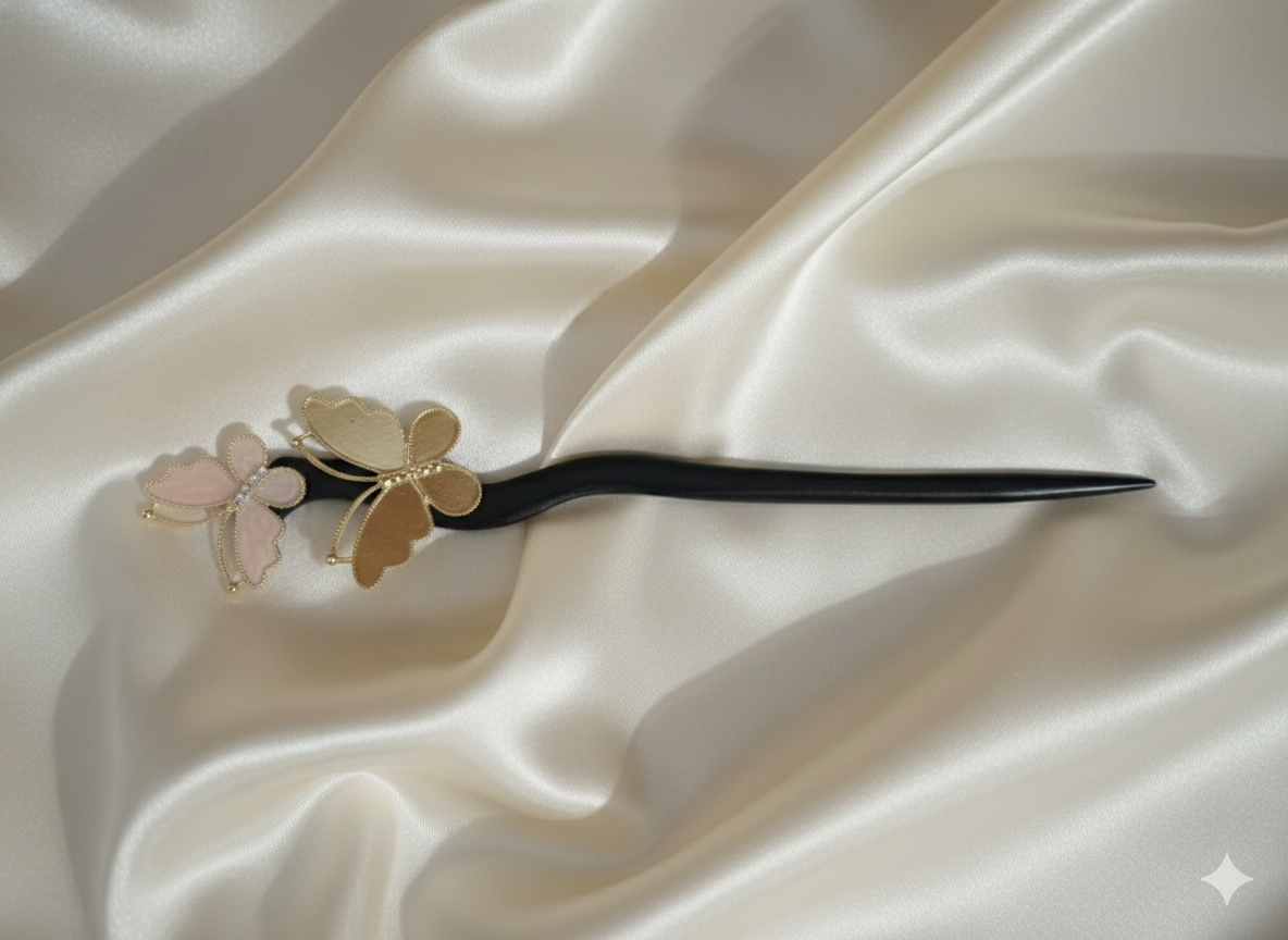 “ButterflyWood Elegance Hairpin” Tahta Saplı Kelebek Model Çin Tokası Habos Store