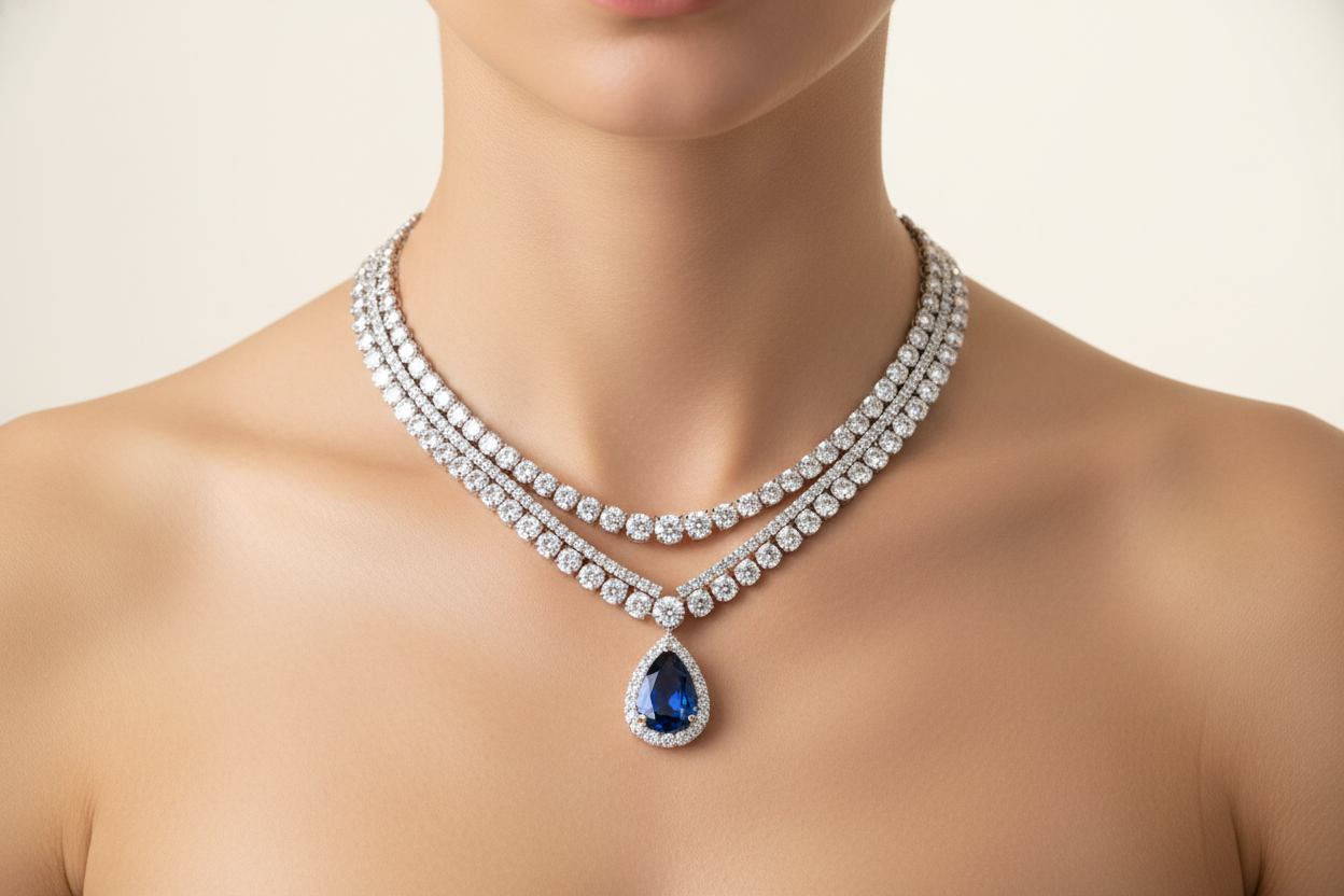 profesyonel ve elit bir takı mağazası için kolye takan manken görseli, mankenin yüzü gözükmeyecek sadece boynuna odaklanacak